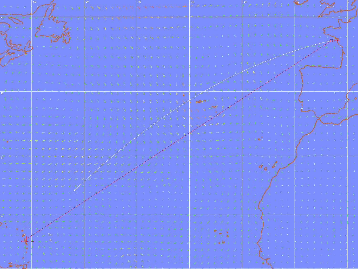 Illustration orthodromie contre loxodromie sur carte du monde