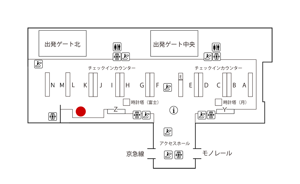 Plan du Terminal 3 de Haneda au niveau départ 3F avec point rouge JAL ABC